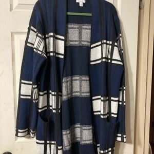 Open-Front Plaid Cardigan Sweater - Navy, White & Black
